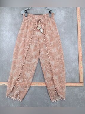 Free destinations women’s Boho Tassel Leaf Print Wrap beach Pants - Blush medium
